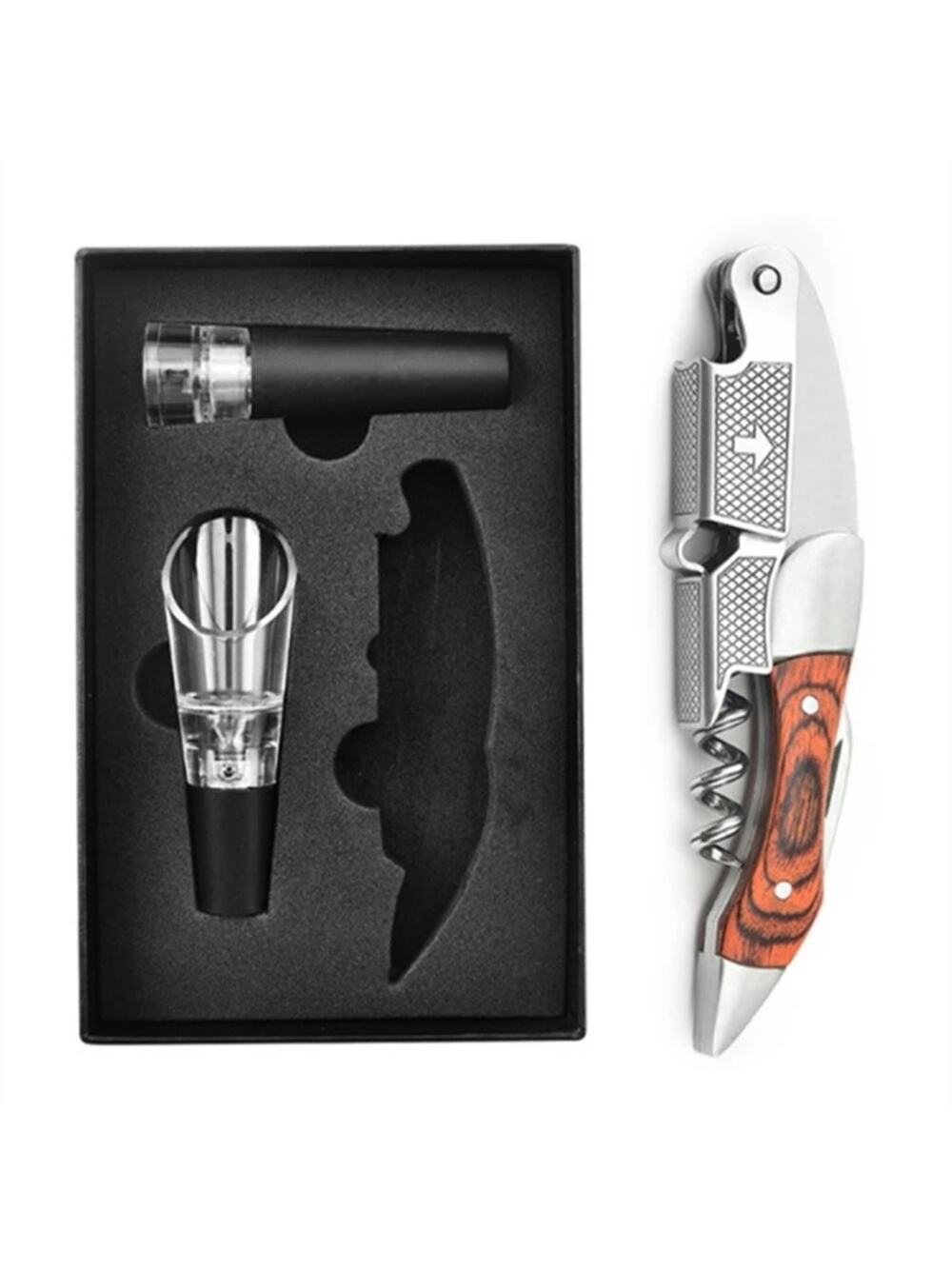 NEW three piece gift set wine opener corkscrew stopper pourer Wood & steel B194